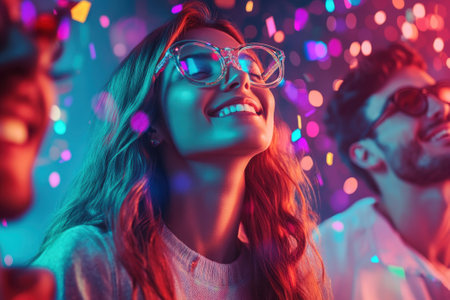 Friends enjoying a vibrant atmosphere filled with colorful lights and confetti at a festive gathering.の写真素材