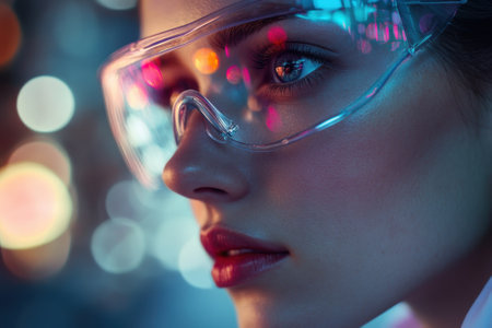 A young woman embraces the nightlife with clear protective glasses, showing colorful city lights at night.の写真素材