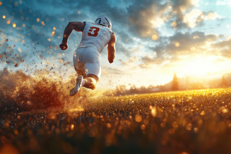 A determined athlete sprints across a grassy field at sunset, capturing the spirit of competition and drive.の写真素材
