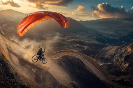 A paraglider descends alongside a mountain biker amid majestic mountains at sunset, capturing adventure and freedom.の写真素材