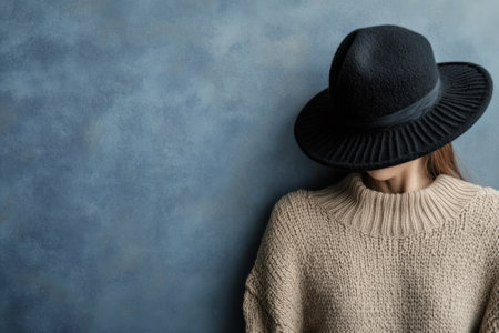 A woman is seen wearing a stylish wide-brimmed hat and a knitted sweater, posing thoughtfully against a blue backdrop.の写真素材
