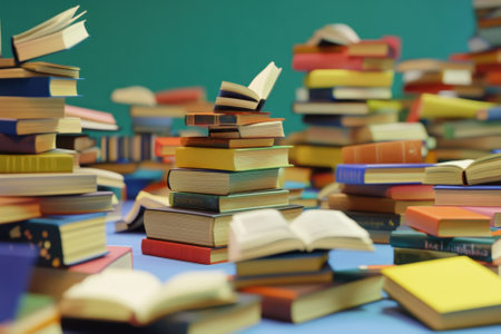 Stacks of various colorful books are scattered on a blue table, showing an organized mess of literature.の写真素材