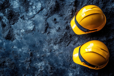 Safety helmets are placed on a rough gray surface, indicating a construction or industrial area.の写真素材