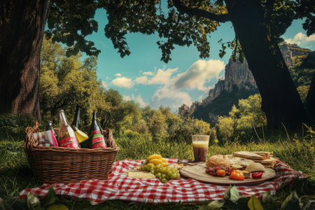 Friends enjoy a delightful picnic with a variety of food and drinks in a lush green park setting.の写真素材