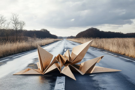 A giant paper crane sculpture rests on a quiet asphalt road, surrounded by overcast skies and tall grass.の写真素材