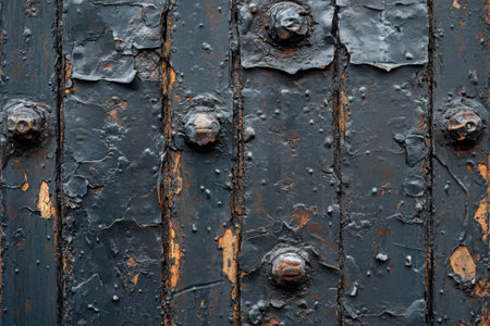 Aged and weathered metal surface showing rust, peeling paint, and protruding bolts in a close-up view.の写真素材