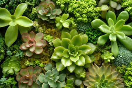 A lush assortment of different succulent plants showcases various shapes and shades of green in a decor setting.の写真素材