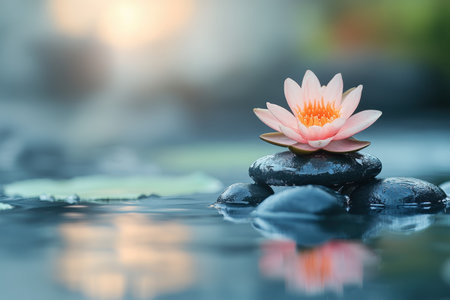 A delicate pink water lily rests on black stones in a calm pond, glowing softly by the fading light.の写真素材