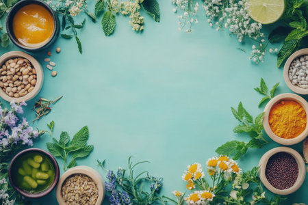 Vibrant herbs, spices, and flowers are artistically arranged on a teal surface, perfect for cooking inspiration.の写真素材