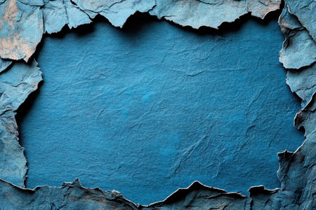 A torn blue paper frame reveals a vibrant blue background, perfect for creative designs and projects.の写真素材