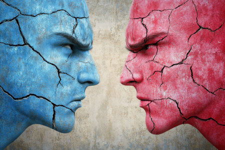 Two human-like figures with cracked skin, one in blue and the other in red, face each other intensely.の写真素材