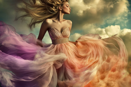 A model poses gracefully in a colorful, flowing dress while surrounded by dynamic clouds at sunset.の写真素材
