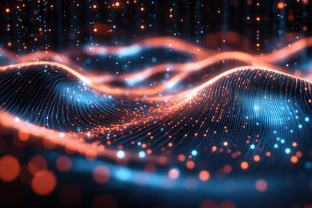 Colorful waves with glowing particles create a dynamic abstract visual experience at night.の写真素材