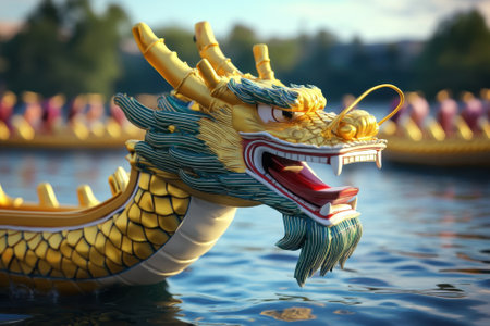 A beautifully crafted dragon head of a boat glistens in the water, reflecting festival excitement all around.の写真素材