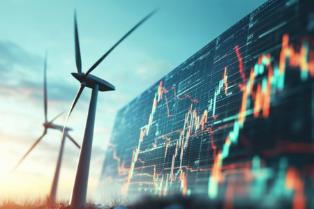 Wind turbines stand against a digital stock market display, showing energy trends during sunset.の写真素材