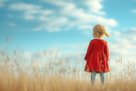 A young girl gazes at the open landscape, surrounded by tall grass beneath a bright blue sky.の写真素材