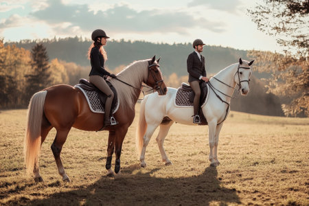 Two equestrian riders on horses relish a serene sunset ride in a beautiful countryside setting.の写真素材