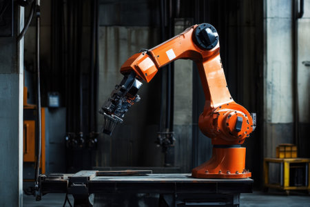 A robotic arm is positioned over a work surface in a factory, ready to perform tasks efficiently.の写真素材