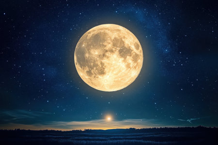 A luminous full moon casts its glow over a peaceful night landscape, showing a starry sky and distant horizons.の写真素材