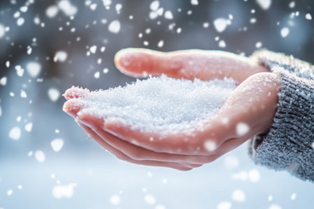 Hands cradle soft snowflakes as they fall gently in a serene winter setting.の写真素材