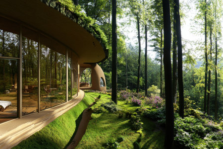A unique building integrates seamlessly into a lush green forest with sunlight filtering through trees.の写真素材