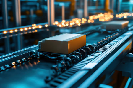 Conveyor belt transports packages efficiently in a warehouse with advanced automation technology.の写真素材