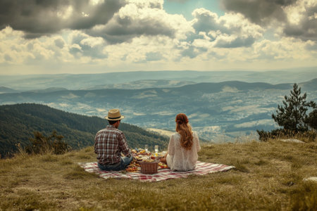 A couple sits on a blanket enjoying a picnic with a vast green landscape under a cloudy sky.の写真素材