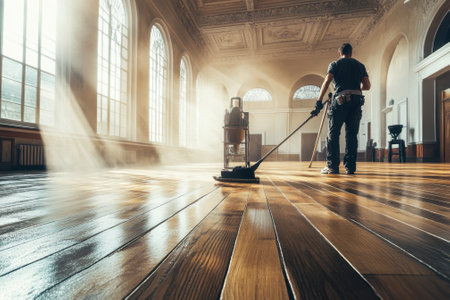 A person operates a cleaning machine on wooden floors in a bright, expansive room filled with sunlight.の写真素材