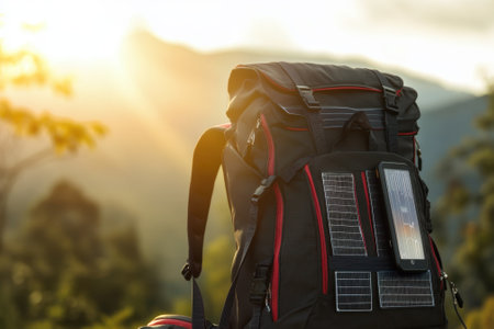 A solar panel backpack stands in front of a stunning mountain sunset, perfect for outdoor adventures.の写真素材