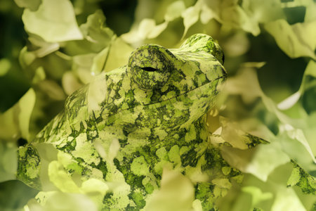 A green frog blends into the vibrant leaves and foliage surrounding it in a natural setting during the day.の写真素材