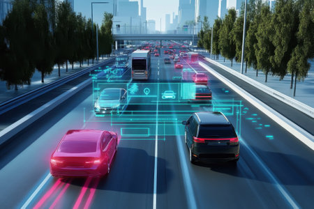 Vehicles equipped with smart sensors travel on a modern highway, improving safety and efficiency.の写真素材