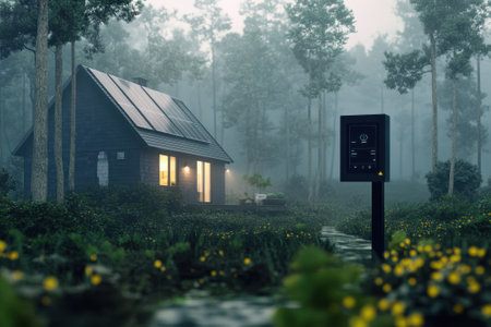 A warm, glowing wooden cabin at dusk, surrounded by trees, fosters a peaceful vibe.の写真素材