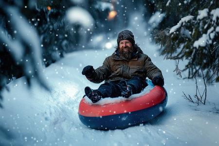 A man with a beard is sitting on a colorful snow tube, joyfully sliding down a snow-covered trail in a forest.の写真素材