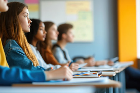 A group of students focused on learning in a well-lit classroom with colorful walls and materials.の写真素材