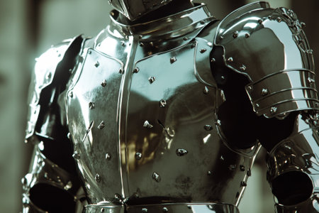 A detailed suit of shiny armor stands proudly in an ancient castle, capturing a sense of history and craftsmanship.の写真素材