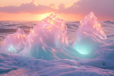 Vibrant waves crash against the shoreline during sunset, casting colorful reflections and spray in the air.の写真素材