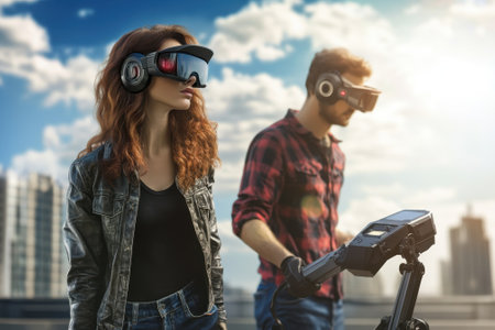 Two individuals engaged in a virtual reality experience on a rooftop, surrounded by a city skyline and bright clouds.の写真素材
