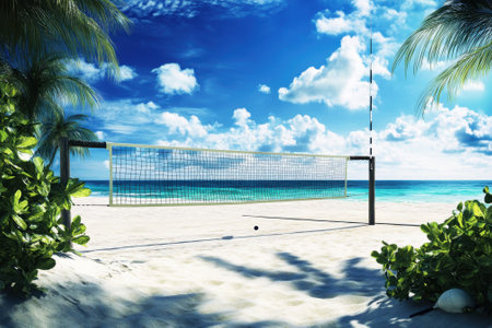 A sunny day features a well-maintained volleyball court by the beach, inviting fun and games.の写真素材