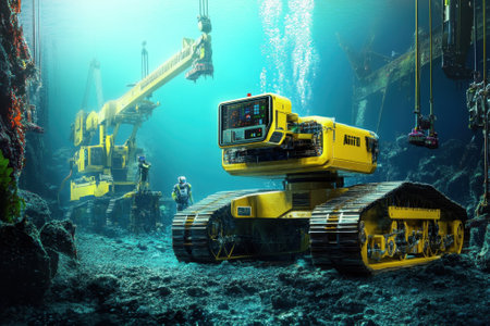 High-tech robots operate on the ocean floor, investigating underwater wreckage and marine life at great depths.の写真素材