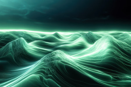 Luminous green waves undulate in a vast ocean under a dark, twilit sky, creating an otherworldly atmosphere.の写真素材