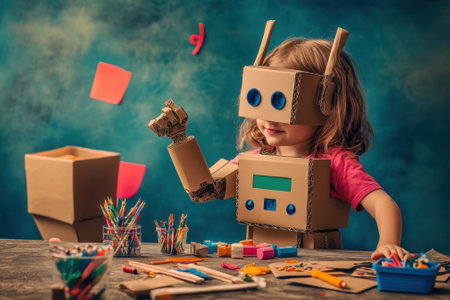 A young child enjoys making a robot costume from cardboard while surrounded by various craft supplies.の写真素材
