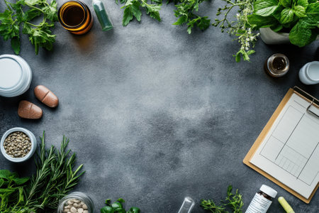 Various herbs and containers arranged on a surface, ready for creating herbal remedies and notes.の写真素材