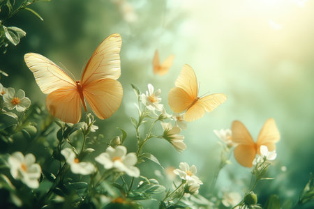 Delicate butterflies dance around vibrant flowers in a tranquil garden filled with natural beauty.の写真素材