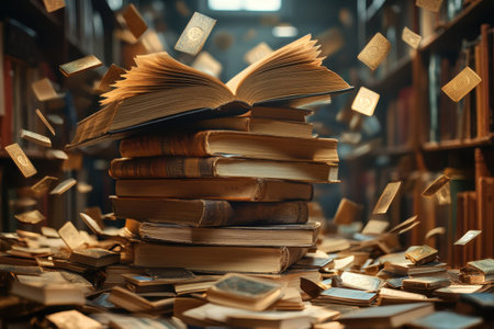 An enchanting library filled with floating books, evoking a sense of wonder and love for literature.の写真素材