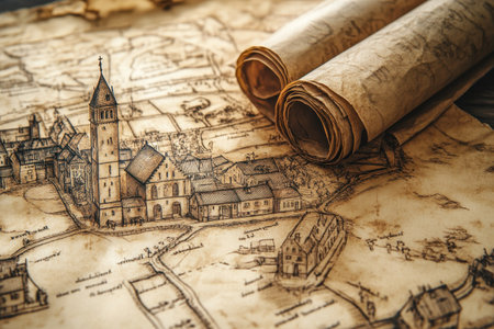 An intricately designed old map features a village with a church, surrounded by fields and trails.の写真素材