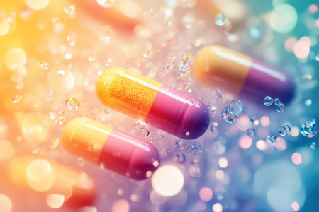 Vibrant capsules drift through a blurred, sparkling backdrop of light and bubbles, creating a whimsical effect.の写真素材