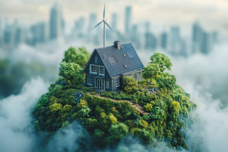 A charming house sits on a green hill, with a wind turbine nearby and a city skyline in the distance.の写真素材