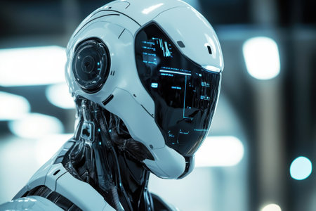A sleek robot with a high-tech design stands in a contemporary environment showcasing futuristic features.の素材