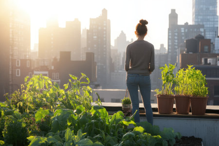 A person enjoys gardening on a rooftop while the sun sets behind the urban skyline.の写真素材