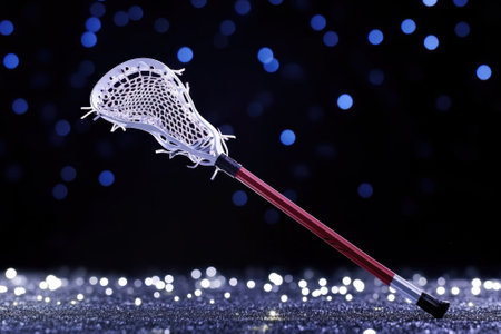 A lacrosse stick leans against a glittering surface, illuminated by soft blue lights, showing its design and texture.の写真素材